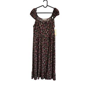 Live to Be Spoiled Black Floral Print‎ Square Neck Puff Sleeve Midi Dress L
